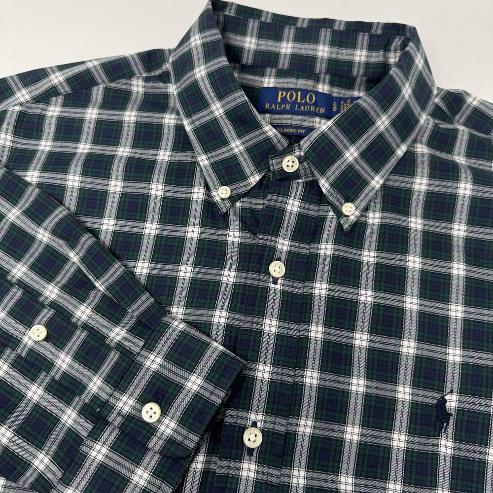 Polo Ralph Lauren Shirt Mens Large Green Blue‎ Plaid Classic Fit Button Down